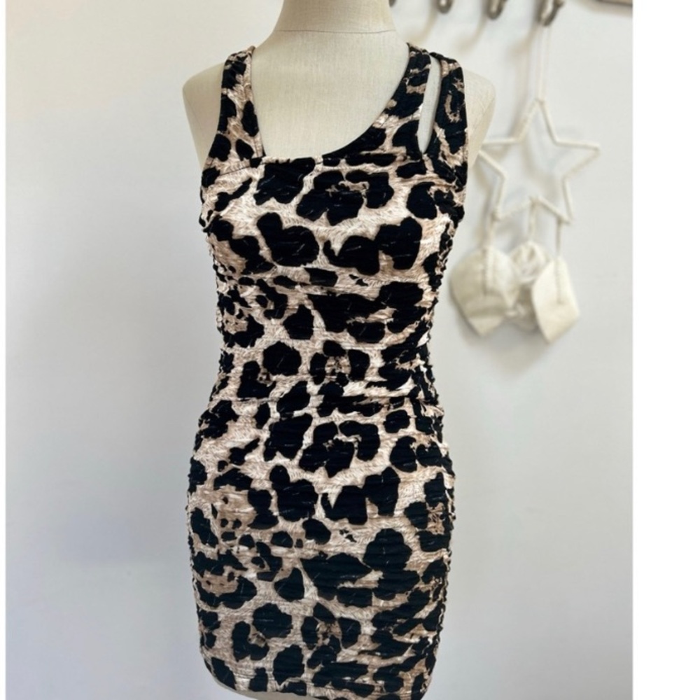 Sleeveless Neutral Leopard Print Ruched Bodycon Dress